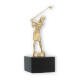Troféu figura metálica de golf feminino ouro metálico sobre base de mármore preto 16,5cm