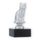 Troféu figura metálica em prata de gato sobre base de mármore preto 12,5cm