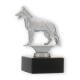 Troféu figura metálica de cão pastor prata metálica sobre base de mármore preto 12,5cm