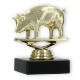 Troféu figura de plástico ouro porco sobre base de mármore preto 9,6cm