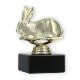 Troféu figura de plástico coelhinho dourado sobre base de mármore preto 11,2cm