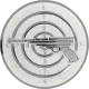 Emblème en aluminium gaufré argent 25mm - pistolet devant une cible