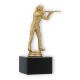 Troféu figura de espingarda de plástico dourada sobre base de mármore preto 16,4cm