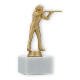 Trophy plastic figure riflewoman gold metallic on white marble base 16,4cm