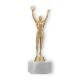 Troféu figura de plástico vencedor ouro metálico sobre base de mármore branco 22,6cm