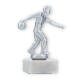 Troféu figura metálica de bowling homem prata metálica sobre base de mármore branco 15,9cm