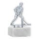Coppa in metallo con figura di hockey su ghiaccio argento metallizzato su base di marmo bianco 11,6 cm