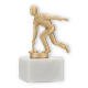 Trophy metal figure curling stone men gold metallic on white marble base 13.3cm
