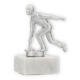 Trophy metal figure curling stone men silver metallic on white marble base 12.3cm