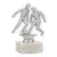 Troféu figura metálica duelo metálico prata sobre base de mármore branco 14,6cm