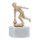 Trophy metal figure skittles ladies gold metallic on white marble base 13.6cm