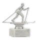 Coupe Figurine en métal Ski de fond argenté métallique sur socle en marbre blanc 13,5cm
