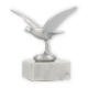 Troféu figura metálica de pomba voadora prata metálica sobre base de mármore branco 12,0cm