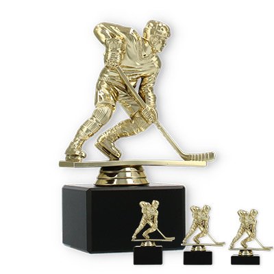 Pokal Kunststofffigur Eishockeyspieler gold auf schwarzem Marmorsockel