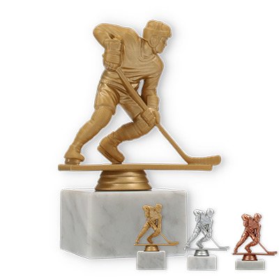 Pokal Kunststofffigur Eishockeyspieler auf weißem Marmorsockel