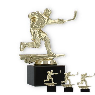 Trophy plastic figure ice hockey men gold on black marble base