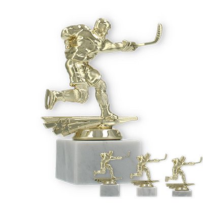 Trophy plastic figure ice hockey men gold on white marble base