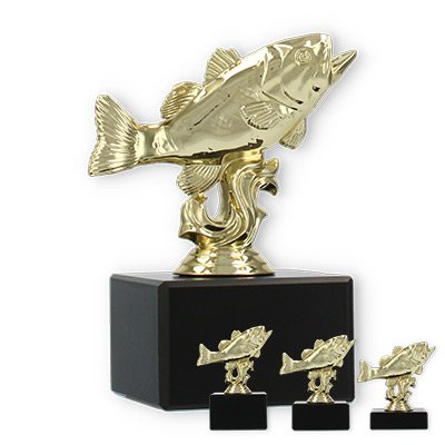 Pokal Kunststofffigur Barsch gold auf schwarzem Marmorsockel