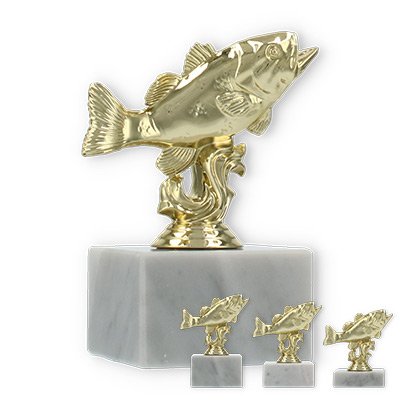 Pokal Kunststofffigur Barsch gold auf weißem Marmorsockel