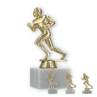 Pokal Kunststofffigur Football Läufer gold auf weißem Marmorsockel