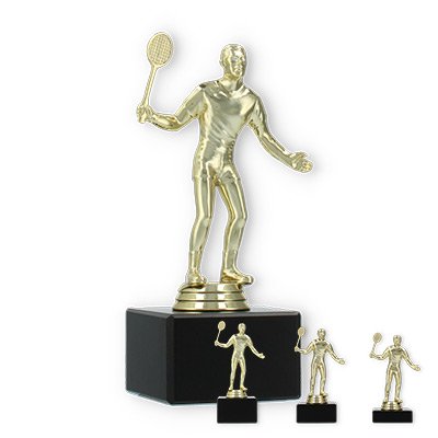 Pokal Kunststofffigur Badmintonspieler gold auf schwarzem Marmorsockel