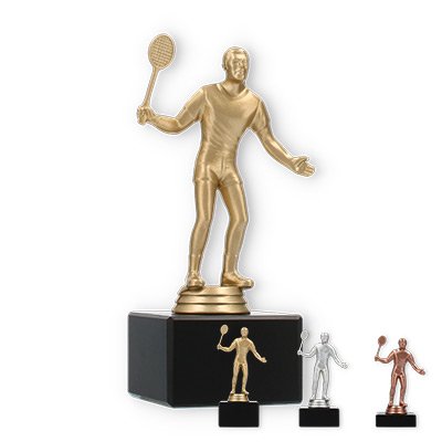 Pokal Kunststofffigur Badmintonspieler auf schwarzem Marmorsockel