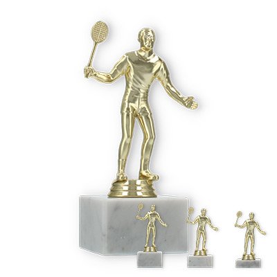 Pokal Kunststofffigur Badmintonspieler gold auf weißem Marmorsockel