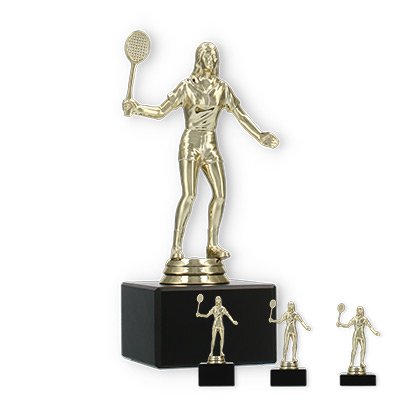 Pokal Kunststofffigur Badmintonspielerin gold auf schwarzem Marmorsockel