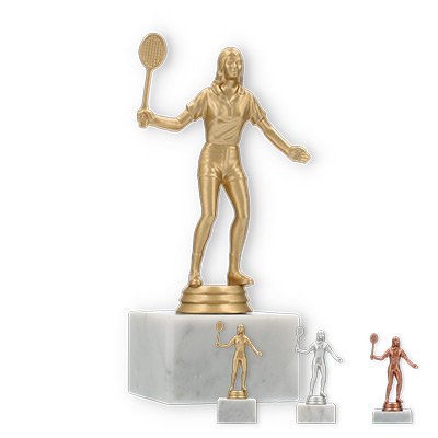 Pokal Kunststofffigur Badmintonspielerin auf weißem Marmorsockel
