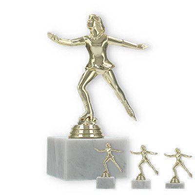 Pokal Kunststofffigur Eiskunstläuferin gold auf weißem Marmorsockel