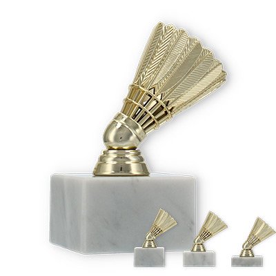 Pokal Kunststofffigur Federball gold auf weißem Marmorsockel