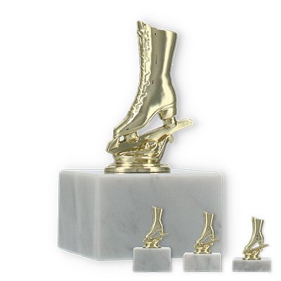 Pokal Kunststofffigur Schlittschuh gold auf weißem Marmorsockel
