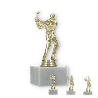 Pokal Kunststofffigur Golf Herren gold auf weißem Marmorsockel