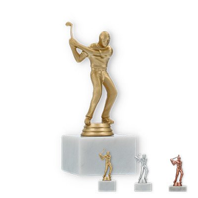 Pokal Kunststofffigur Golf Herren auf weißem Marmorsockel