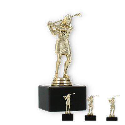 Pokal Kunststofffigur Golf Damen gold auf schwarzem Marmorsockel