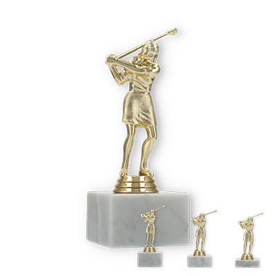 Pokal Kunststofffigur Golf Damen gold auf weißem Marmorsockel