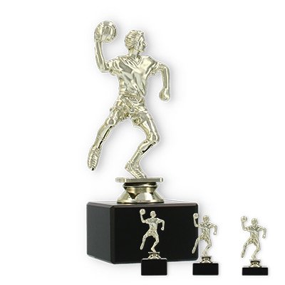 Pokal Kunststofffigur Handballspieler gold auf schwarzem Marmorsockel