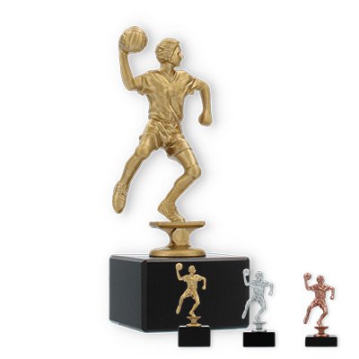 Pokal Kunststofffigur Handballspieler auf schwarzem Marmorsockel
