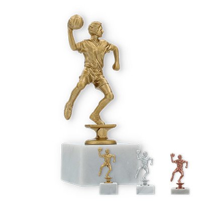 Pokal Kunststofffigur Handballspieler auf weißem Marmorsockel