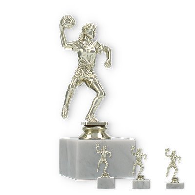 Pokal Kunststofffigur Handballspielerin gold auf weißem Marmorsockel