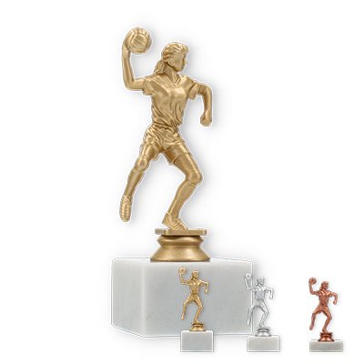 Pokal Kunststofffigur Handballspielerin auf weißem Marmorsockel