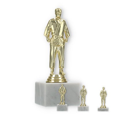 Pokal Kunststofffigur Judo Herren gold auf weißem Marmorsockel