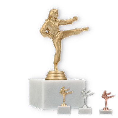 Trophy plastic figure karate female on white marble base