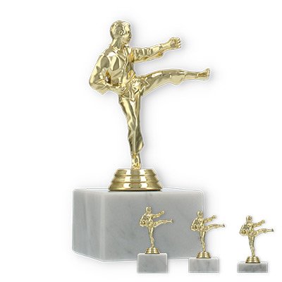 Pokal Kunststofffigur Karate Herren gold auf weißem Marmorsockel