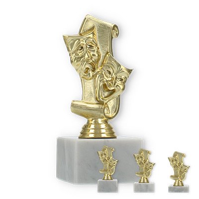 Pokal Kunststofffigur Karnevalsmaske gold auf weißem Marmorsockel