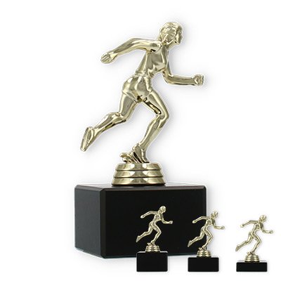 Pokal Kunststofffigur Läuferin gold auf schwarzem Marmorsockel