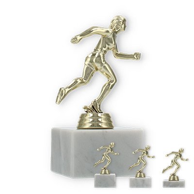 Pokal Kunststofffigur Läuferin gold auf weißem Marmorsockel