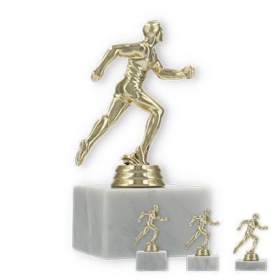 Pokal Kunststofffigur Läufer gold auf weißem Marmorsockel