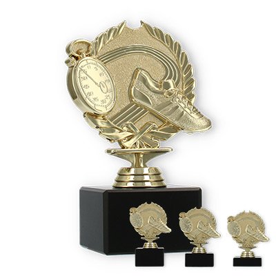 Pokal Kunststofffigur Laufen im Kranz gold auf schwarzem Marmorsockel