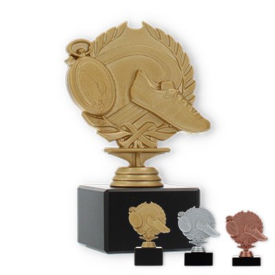 Trophy plastic figure running in the wreath on black marble base